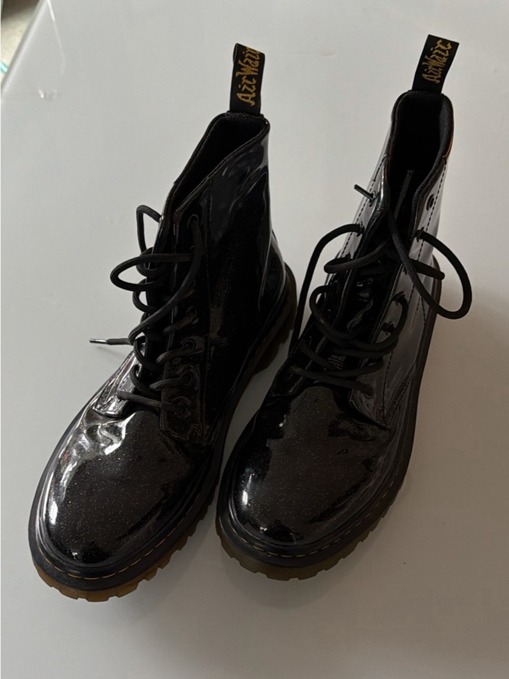 Dr. Martens Black Patent Lace-Up Combat Boots with Brown Sole